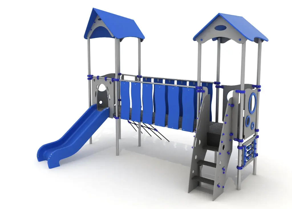 ECO-KIDS Doppia Torre (Hic. 1,00m) con ponte, arrampicata e pannello ludico inclusivo (Grigio)