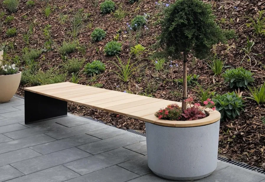 Panca Floria Grand l. 2795mm 1 vaso aperto  1 gamba in acciaio  legno tropicale
