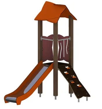 Torretta con arrampicata Urbi Set 60122 (Montanti in legno lamellare di pino color noce mm. 90x90, Arancio/rosa)