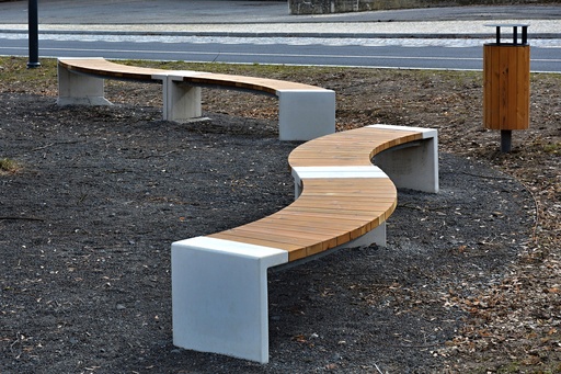 [LSI4bt-240tw] Panchina SIBELA senza schienale 2400mm / sponde in cemento / acciaio zincato / legno di pino ThermoWood